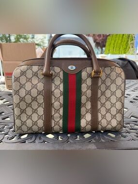 Gucci Brown GG Supreme Canvas Duffel with Green and Red Web Stripe